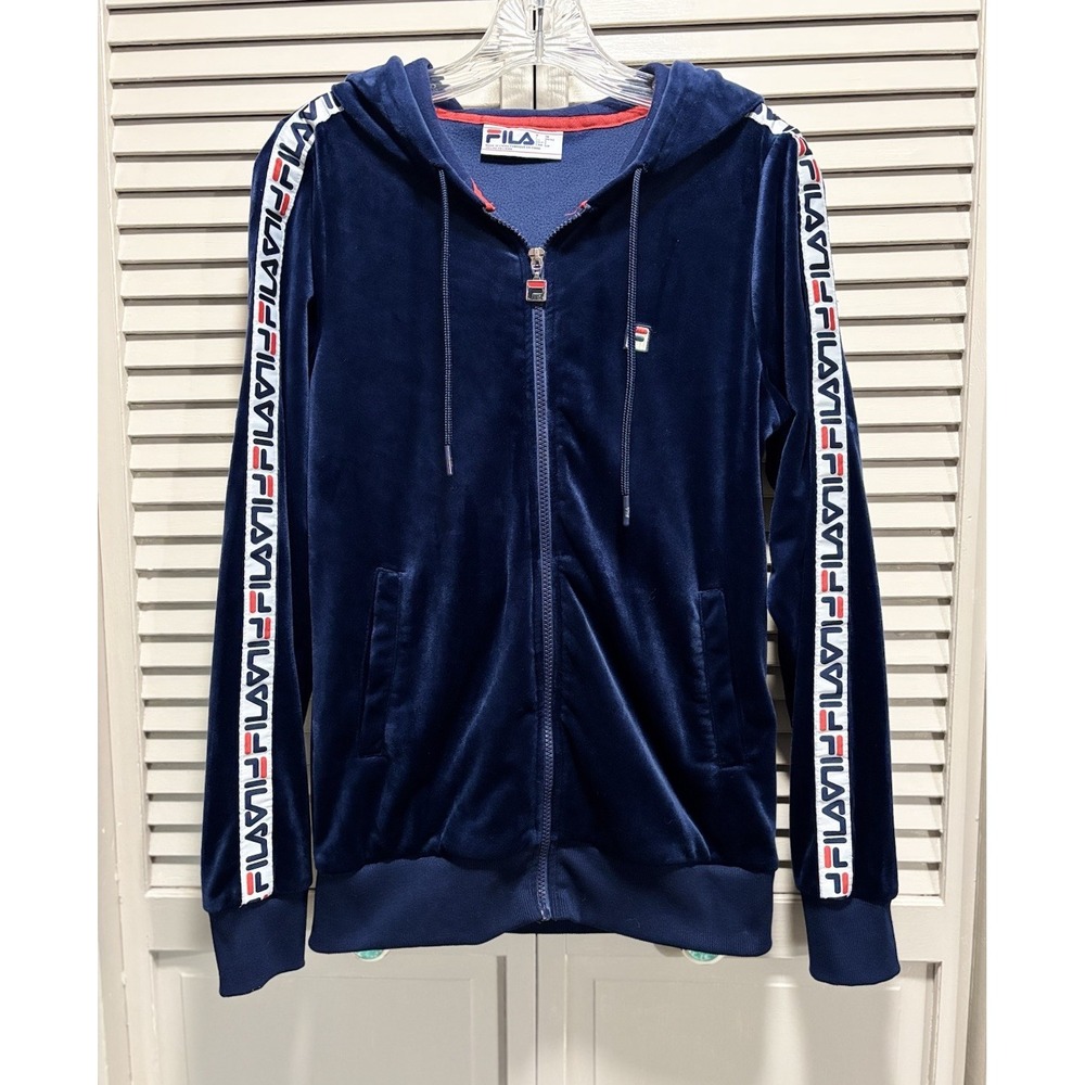 FILA Navy/White Velour Zip Up Hoddie Long Sleeve Size Small Pockets Logo Vintage